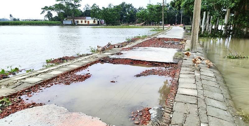 জামালপুরে বন্যাকবলিত এলাকায় পানি কমে যাওয়ায় সড়ক ও ফসলি জমি আবার জেগে উঠতে শুরু করেছে। আজ রোববার সকালে ইসলামপুর উপজেলার আমতলী এলাকায়